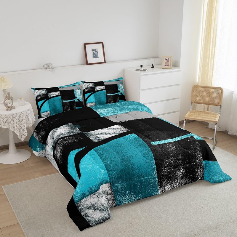 jejeloiu Abstract Turquoise and Black Bedding Set King Size, Grunge