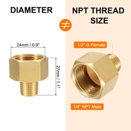 sourcing map Brass Pipe Fitting, 1/2" G Female × 1/4" NPT Male Brass Hex Nipple Pipe Fitting Connector, 1/2" to 1/4" Female Pipe Fitting Adapter with PTFE, Gold Tone