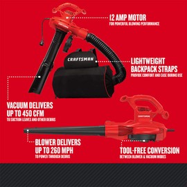 CRAFTSMAN 3-in-1 Leaf Blower, Vacuum and Mulcher, Backpack Blower Up to 260 MPH, 12 Amp, Corded Electric Leaf Collector (CMEBL7000)