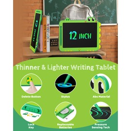 TEKFUN LCD Writing Tablet for Kids, 12 Inch Doodle Board for Toddler, Colorful Drawing Tablet, Reusable Electronic Pads Educational and Learning Toys Gifts for 3-13 Years Old Boys and Girls (Green)
