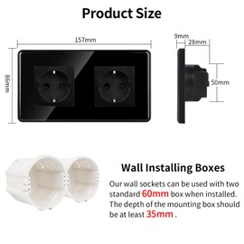 JIMEIDA Double Socket Black, 2.5D Curved Glass Plate 16 Amp Schuko Sockets Flush-Mounted Protective Contact Wall Socket 157 x 86 mm, 250 V