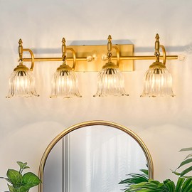 CVKASH 4-Light Bathroom Vanity Light Fixtures Over Mirror,Brushed Gold Modern Vanity Lights with Glass Shade Vintage Wall Sconce for Bedroom Dressing Room Living Room Hallway Cabinet