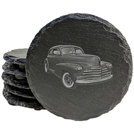 Art Deco Delight: 1940s Chevy Stylemaster Laser-Etched Coasters - Round Slate - set of 4