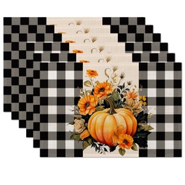 Fall Pumpkin Plaid Placemats Set of 6,Table Mats Non-Slip Heat Resistant Washable Placemat for Party Kitchen Dining Table Decoration Indoor Outdoor