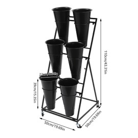 Flower Display Stand with 6 Pcs Buckets, 3 Layers Metal Movable Plant Stand with Wheels Heavy Duty Moving Plant Cart Shelf for Flower Shop, Patio Garden, Outdoor Flower Events Black Frame Black Bucket
