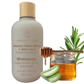 POCKETCARE - Shampoo Orgánico de Miel, Aloe Vera y Romero - Reparador Intenso para Cabello Dañado - Hidratación Natural, Anticaída y Crecimiento - Sin Sulfatos, Parabenos ni Siliconas - 100% Natural y Vegano 325ml