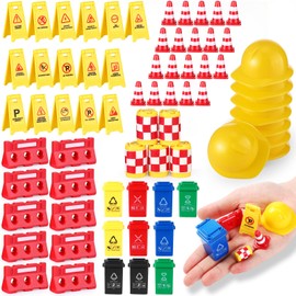 81 Pcs Mini Traffic Signs for Kids Mini Construction Toys Road Street Warning Signs Miniature Plastic Traffic Cones Garbage Can Roadblocks Safety Educational Playset for Kids Boys Girls