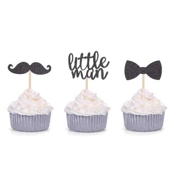 24 PCS Black Glitter Little Man Mini Mustache Bowtie Cupcake Toppers for Baby Shower Kid's Birthday Party Decorations