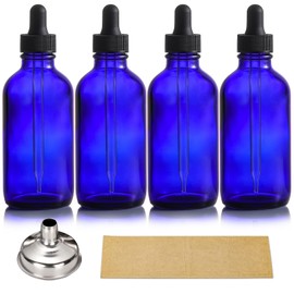 AOZITA 4 Pack, 4oz Blue Glass Dropper Bottles with 1 Funnel & 4 Lables - 120ml Dark BlueTincture Bottles with Eye Droppers - Leakproof Travel Bottles For Essential Oils, Liquids