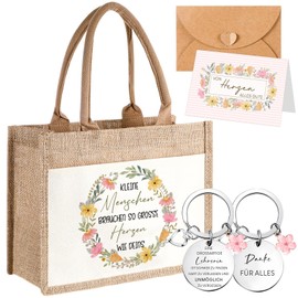 Tenare Set of 4 Thank You Gifts for Teacher's Day Teacher Jute Handbag Metal Teacher Keyring with Engraving Rainbows Thank You Card Envelope Farewell Teacher Graduation School (Teacher)