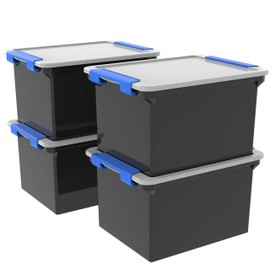 Storex Storage File Tote with Locking Handles, Black/Silver, 4-Pack (61543U04C)