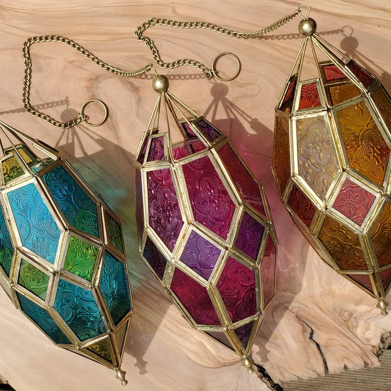 Moroccan Style Hanging Glass Tealight Lantern (Medium Purple/Pink)