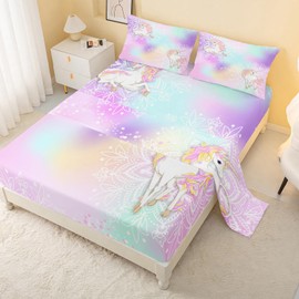 CVHouse Unicorn Butterfly Bed Sheets Set, Full Size - Rainbow Unicorn Bedding for Girls, 1 Flat & 1 Fitted Sheet with 2 Pillow Cases - 4 Pieces