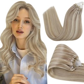 Hetto Microring Real Hair Extensions, Blonde Micro Ring Extensions, Remy Real Hair, Cold Fusion Extensions, Micro Ring Hair Extensions, Ash Blonde Highlights Light Blonde #17/23, 1 g/Strand, 50 g, 55