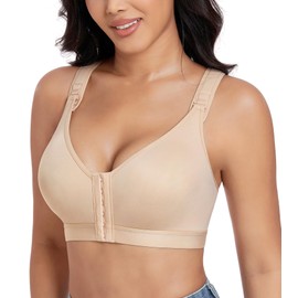Lemorosy Women's Front Closure Sports Bra Wirefree Non Padded Full Support with Adjustable Straps Racerback(Beige,36D/DD)