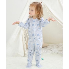 Owlivia Organic Cotton Baby Pajamas, Boys Girls 2 Pack Zip Front Sleep 'N Play, Footed Sleeper, Long Sleeve(12-18 Months, Wave & Navy)