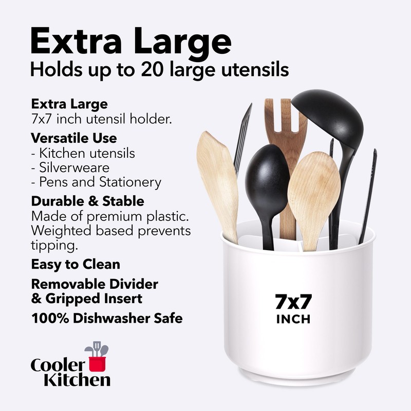 Rotating Extra Large White Plastic Utensil Holder Caddy with Sturdy