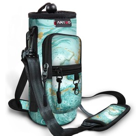 ARTSO Water Bottle Carrier Bag Sling Holder Pouch, 25oz 32oz 40oz 64oz Insulated Water Bottle Sleeve Case Cover with Adjustable Shoulder Hand Strap Pocket for Men Women (40oz, Teal Turqoise Marble)