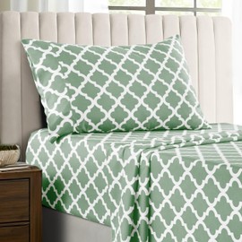 Lux Decor Twin Sheet Set, 3-Pc Cooling Bed Set, Breathable Hotel Style Sheets, Microfiber Sheets Deep Pockets, Easy-Fit, Soft & Wrinkle Free Oeko-Tex Quatrefoil Bed Sheets (Twin, Sage)