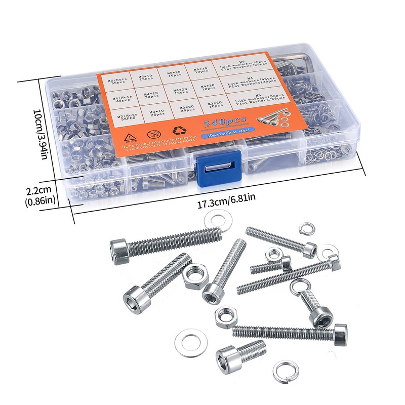 540 Pieces M3 M4 M5 Cylinder Screws with Nuts Washers