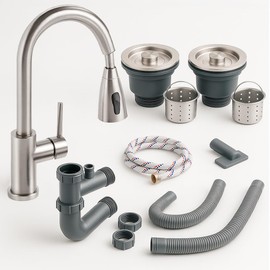 KARBI - Kit Accesorios de Fregadero Cocina - Grifo Mezcladora Acero Inoxidable + 2 Contracanasta con Tapa de Sellado y Colador + Céspol flexible +
