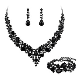 BriLove Bridal Jewellery Set for Wedding Women Austrian Crystal Teardrop Cluster Statement Necklace Dangle Earrings Link Bracelet Black Black-Tone