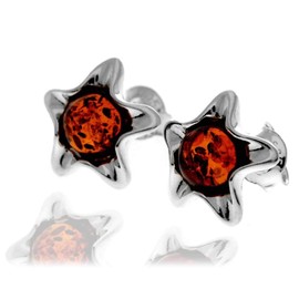 SilverAmber Jewellery UK - Genuine Cognac Baltic Amber set in 925 Sterling Silver Studs Classic Stars/Starfish Earrings - GL1034C