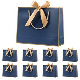 Gift Bag with Bow, White Gift Bags for Birthday, Wedding, Festival Party, Christmas, 32 x 25 x 10 cm, (White, Pack of 8) (Blue-Gold Border)