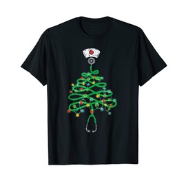 Stethoscope Christmas Tree Nurse Santa's Favorite Nurse Elf T-Shirt, black