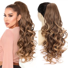 PORSMEER Ponytail with Clip, Claw Clip in Hair Extensions, Claw Long Curly Wavy Ponytail, Pine Clip on Hairpiece for Women, 26 Inches (Ash Blonde with Highlights)