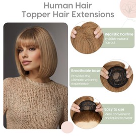 Rich Choices Hair Toppers with Fringe for Thinning Hair Real Human Hair Pieces 12 Inch Light Brown Clip in Hair Toppers for Women Long Straight Hairpieces Seamless Clip in Hair Extensions