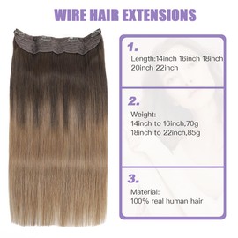 Wire Hair Extensions Remy Human Hair Color 2 Dark Brown to 8 Ash Brown Hair Extensions Natural Straight Hairpiece With Secret Fish Line16 Inch 70g(#2T8-16inch)