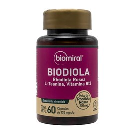 Biomiral Biodiola - Suplementos Alimenticios - Rhodiola Rosea, L-Teanina Y Vitamina B12-60 Cápsulas 770 mg c/u - Polvo Rhodiola Rosea 200 mg - Libre de OGM