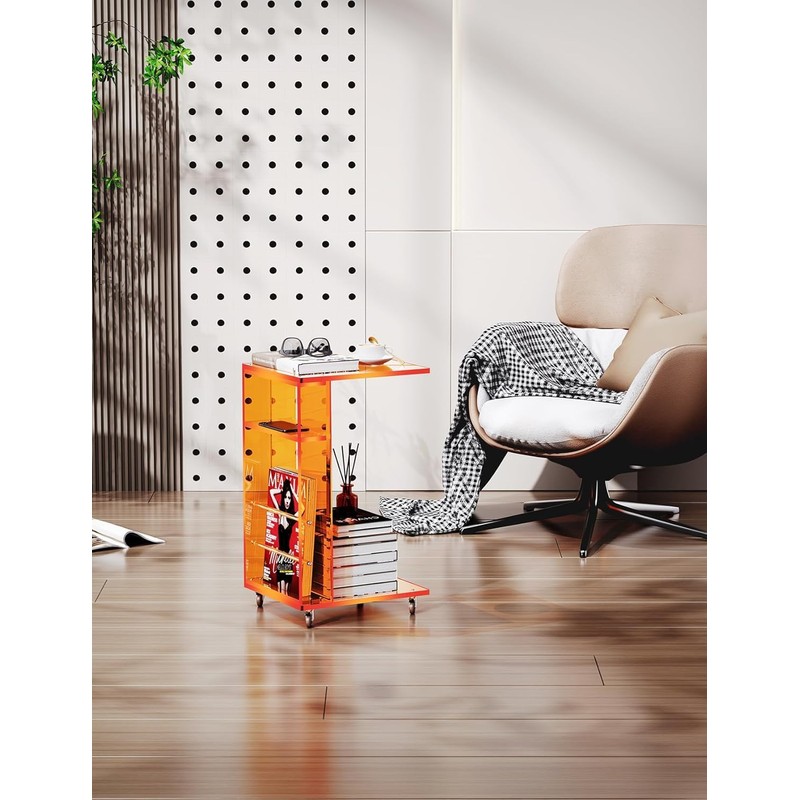Clear Acrylic Side Table on Lockable Wheels, C Shaped End