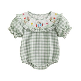 Adobabirl Baby Girl Easter Outfit Bunny Embroidery Smocked Bubble Romper Plaid Short Sleeve Bodysuit Cute Summer Clothes (Green Plaid Bunny, 0-3 Months)
