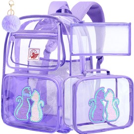 AGSDON 3PCS Clear Backpack for Girls, Kids Cat Transparent Backpack with Heavy Duty PVC, See Through Backpacks with Lunch Bag-Purple