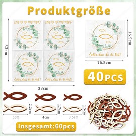 Pack of 40 Napkins Eucalyptus Green + 60 Wooden Fish Scatter Decoration, Decorative Boy Girl Communion, Christening, Confirmation, First Communion, Table Decoration Party Gifts, Guest Gifts, Wooden