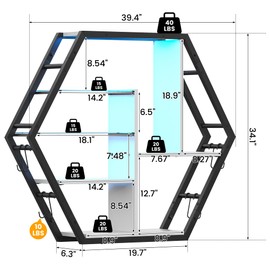 kepptory 39 inch Large Gaming Floating Shelves with LED Lights, 5 Tier Gaming Shelf for Wall with 2 Removable Glass Shelves, Wall Display Shelf Bookshelf with 8 Hooks for Bedroom, Game Room
