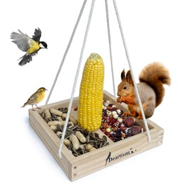 Platform Squirrel & Bird Feeders, Quality Cedar Made Wood Tray Garden Hanging Animal for Yard Outside Decoration Attrcting for Wild Birds