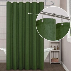 KOUFALL Olive Green Boho Shower Curtain,Linen Fabric Waterproof Retro Shower Curtains for Bathroom with Hooks,72 Inches Long,Ivy