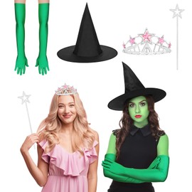 Elphaba Costume Women and Witch Glinda Costume - Witch Hats and Green Gloves and Princess Queen Crowns and Glitter Star Wand for Party Supplies Gifts Birthday