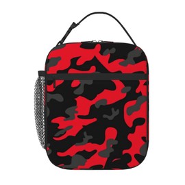 HKHEHOP Red And Black Camo Camouflage Lunch Bag Insulated Reusable Lunch Box Lunch Tote Lunchbox Portable Bento Bags For Men Women Office Work Travel Picnic Camping