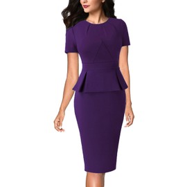 VFSHOW Womens Purple Pleated Crew Neck Peplum Work Business Office Church Bodycon Pencil Sheath Dress 3593 PUP XL