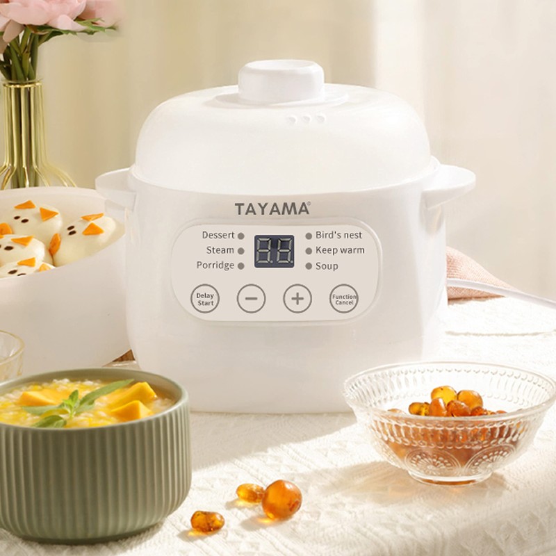 TAYAMA 1 Qt. White Mini Ceramic Stew Cooker with Pre-Settings