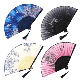 BCQDT 4 Pack Fabric Hand Fans, Foldable Wood Hand Fans Retro Pattern Chinese Fan, Hollow Carved Bamboo Hand Fan Handheld Fan for Wedding, Gifts, Performance, Dancing, Home Decoration