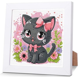WEMEON Cat Diamond Art Painting Kits for Kids with Frame-Cat Diamond Art Kits for Kids,Gem Diamond Art Painting Arts and Crafts Painting Kit for Kids Ages 6-12(7x7inch