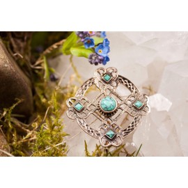 WINDALF Thura Medieval Brooch Diameter 4.3 cm with Turquoise Stones Cloth, Cloth Pin Bronze, Bronze, Turquoise