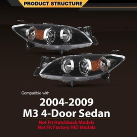 ANDPLAY Projector Headlight Assembly Headlamp Compatible with Mazda 3 4-Door Sedan 2004 2005 2006 2007 2008 2009 NOT Fit Hatchback Models,Clear Lens Black Housing Amber Reflector