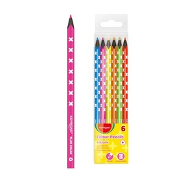 Keyroad KR971870 Neon Triangular Coloured Pencils - Pack of 6 / Mixed Colours / Adults and Children / Black Wood / Hanging Hole