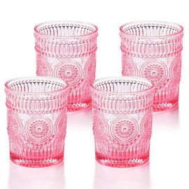 GLASS SMILE 4 Pack Romantic Water Glasses-10.5 OZ Pink Vintage Drinking Glasses Tumblers for Whisky, Beer, Juice, Beverages, Cocktail